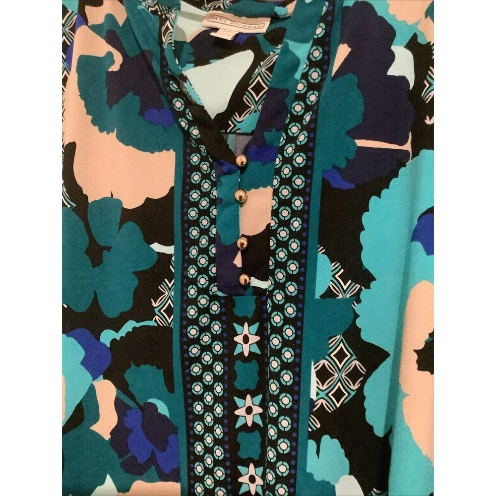 Dana Buchman New Without Tags Women’s XXL Green White Henley Blouse Floral - Picture 2 of 4